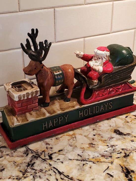 Cast Iron Santa & Reindeer Mechanical Coin Bank VTG Collectible Holidays VIDEO - Picture 11 of 11